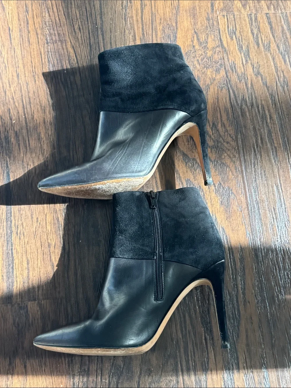 J. Crew Black Leather Pointed-Toe Ankle Booties with Suede Collar